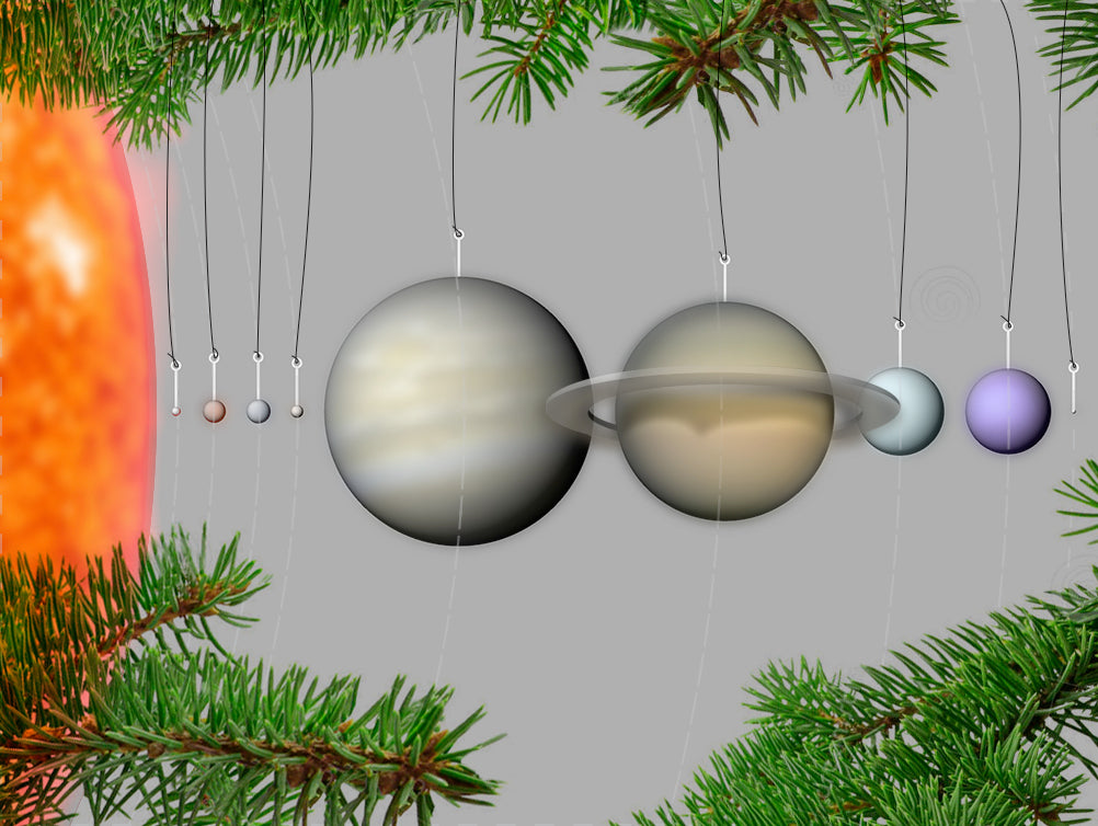Κλίμακα μοντέλα του πλανητικού μας συστήματος ως στολίδια χριστουγεννιάτικων δέντρων